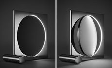 Two side-by-side photos of the chrome-plated 'Moonsetter' floor lamp by Louis Poulsen. The photos show different views as the lamp's metal disc rotates mimicking the moon. It is pictured against a dark coloured background