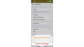 How to restart the HomePod in the Home app on the iPhone by showing steps: Tap Restart HomePod.