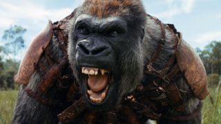 A shot from Rise of the Planet of the Apes showing a gorilla shouting