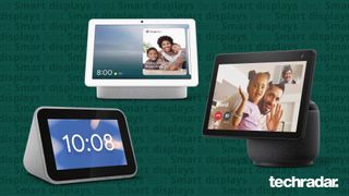 The Lenovo smart clock, the Google Nest Hub Max and the Amazon Echo Show 10 - the best smart displays you can buy right now - on a green background