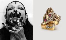 Left, Michèle Lamy wears rings. Right, gold ring by Michèle Lamy and Loree Rodkin for Carpenters Workshop