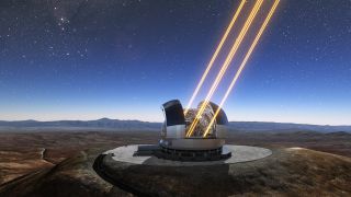 This artist’s rendering shows the Extremely Large Telescope in operation on Cerro Armazones in northern Chile. The telescope is shown using lasers to create artificial stars high in the atmosphere.