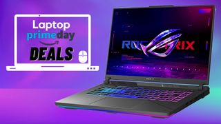 The ASUS ROG Strix G16 with a Laptop Mag deals icon in front of an abstract purple background