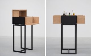 Two side-by-side photos of the black and light wood ’Douro’ cabinet bar by O CÉU. The photos offer different views of the cabinet bar with one photo showing drinks placed inside