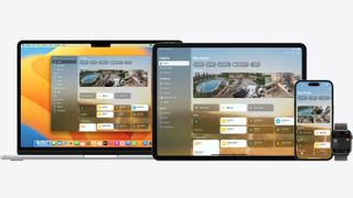 Home app displayed on a Mac, iPad, iPhone, and Apple Watch.