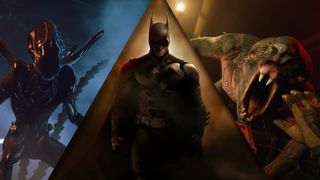 Meta Quest 3 game screenshots featuring Batman: Arkham Shadow, Alien: Rogue Incursion, and Metro Awakening.