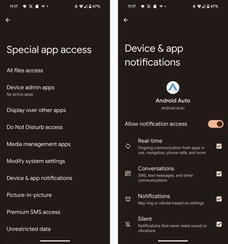 Screenshots setting up notifications access for Android Auto.