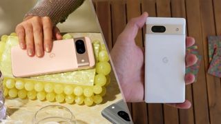 Google Pixel 8 on a table in a split image with Google Pixel 7a in hand