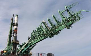 A Russian Soyuz rocket carrying the Progress 79 cargo ship stands poised to launch toward the International Space Station from Baikonur Cosmodrome, Kazakhstan on Oct. 27, 2021.