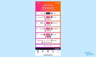 Premier League app showing match scores at launch