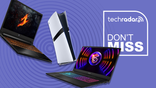 Gaming laptops and a PS5 Pro on a purple background with 'Don't Miss' text