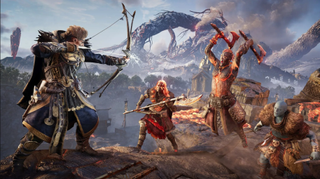 Protagonist Eivor pointing her bow at one of three approaching enemies