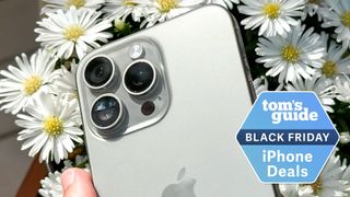 iPhone 15 Pro Max in front of flowers showing cameras 