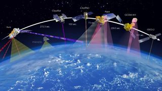 Artist's depiction of the A-train constellation of Earth-observing satellites, with times the spacecraft are separated by when they fly.