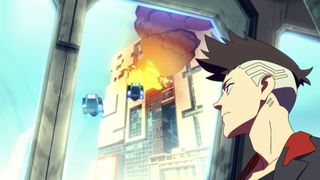 David Martinez looks up to see an explosion coming out of a building in Cyberpunk Edgerunners