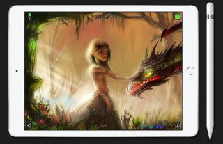 Digital painting of a girl and her dragon on drawing app for iPad Inspire Pro