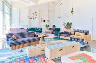 A sitting room of patterned furniture by Fabien Cappello at Villa Noailles, Hyeres