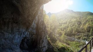 A photo from inside a cave looking out at the trees below.