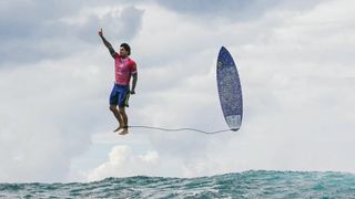Viral photo of surfer Gabriel Medina alongside surfboard in the air at 2024 Olympics