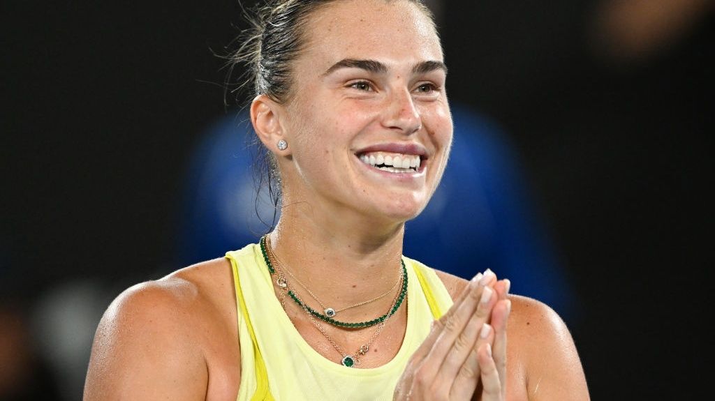 Aryna Sabalenka reacts during her on-court television interview after winning against Paula Badosa of Spain in the Women&#039;s Singles Semifinal during day 12 of the 2025 Australian Open at Melbourne Park on January 23, 2025 in Melbourne, Australia.