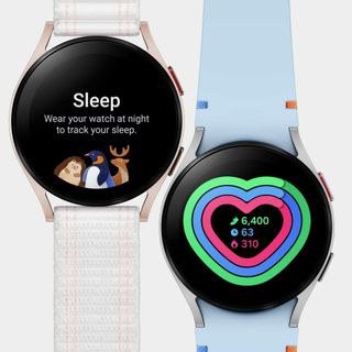 Render of two Samsung Galaxy Watch FE watches, showing activity rings and sleep widget