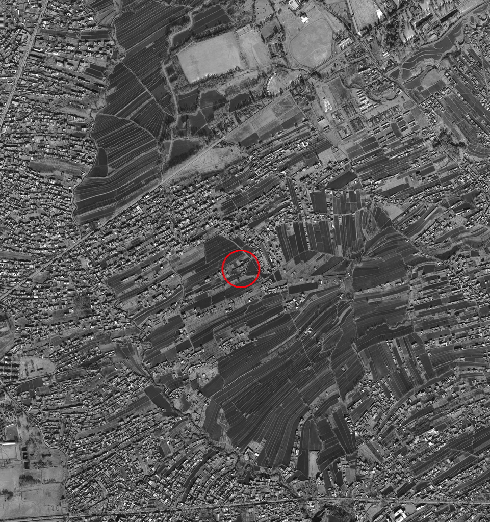 This January 15, 2011, large satellite image of Abbottabad, Pakistan shows the probable compound where Osama Bin Laden was shot and killed centered in the image. The house is on a upside down triangular shaped lot.