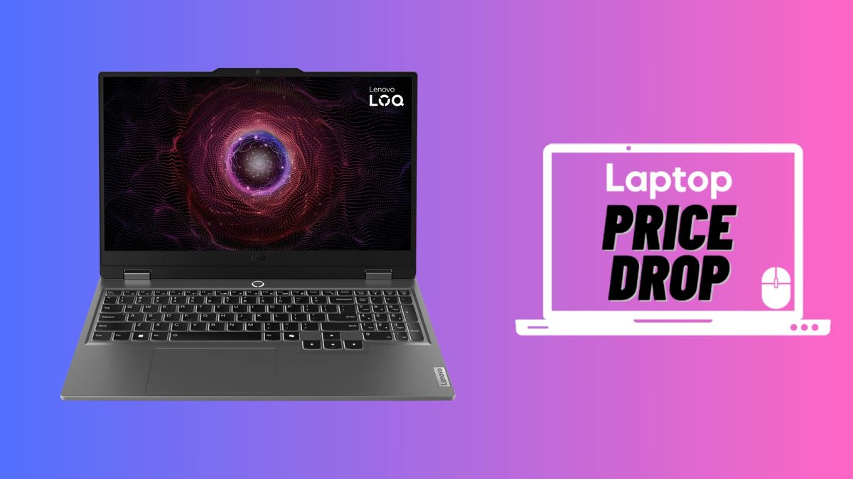 Lenovo LOQ 15 against blue and pink gradient background with price drop Laptop deals badge.