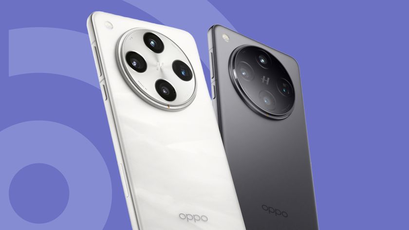 Two Oppo Find X8 Pro models, one in white and one in black, against a violet TechRadar background