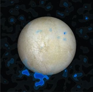 This Hubble Space Telescope data image shows the water vapor plume (blue) over the leading hemisphere of Europa superimposed on a visible light image of the icy Jupiter moon.
