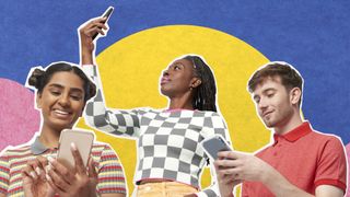 3 cutouts of young people using mobile phones set on a colorful abstract background