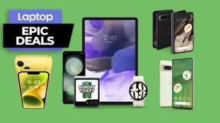 Verizon phone deals, iPhone 14, galaxy Z Flip 5, Galaxy tab S7 FE, galaxy watch 6,pixel 7 and pixel fold against a green background 