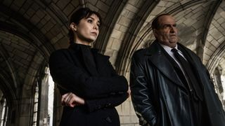 L-R: Sofia Falcone (Cristin Milioti) and Oz Cobb (Colin Farrell) in HBO's "The Penguin"