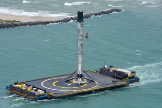 The first stage of the SpaceX Falcon 9 rocket that launched the Demo-2 mission on May 30, 2020, arrives in Florida's Port Canaveral on June 2, 2020.