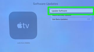 tvOS 16 setup process at the Software Updates page with Update Software highlighted