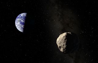 An artist's illustration of asteroid Apophis near Earth. The asteroid will fly extremely close to Earth in 2029, and then again in 2036, but poses no threat of hitting the planet either time.