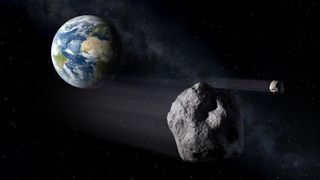 An artist's depiction of an asteroid flying past Earth.