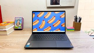 Lenovo Flex 5i Chromebook Plus review unit on a desk