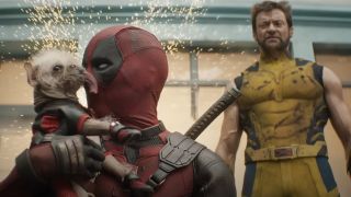 Wade Wilson gets licked by Dogpool as Logan watches in Deadpool & Wolverine