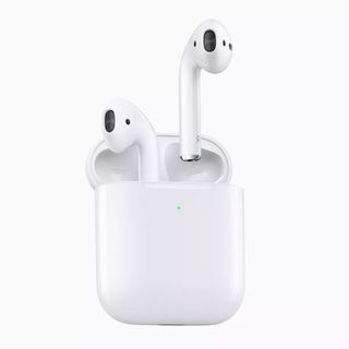 Apple AirPods 2019 coming out of their charging case on a white background.
