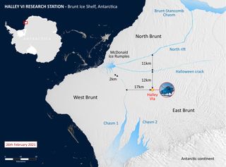 A map shows the Halley VI research station in relation to the north rift crack.