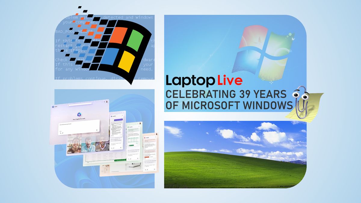 Collage of images related to Microsoft Windows, including the Windows XP Bliss wallpaper, within the framing of the original Windows logo.