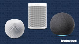 The Apple HomePod Mini, Sonos One and the Amazon Echo (202) on a blue background