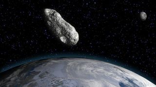 An artist's rendering of a large asteroid above the Earth