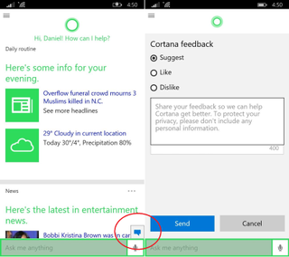 Windows 10 Feedback in Cortana
