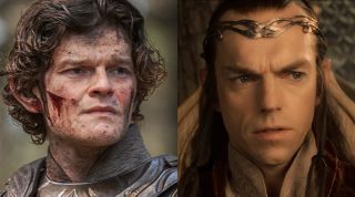 From left to right: Robert Aramayo as Elrond in Rings of Power and Hugo Weaving as Elrond in Fellowship of the Ring.