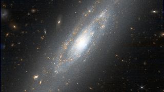 A wonderously spiralling galaxy filled with bright whites and warms points of gold in the starry blackness of space.