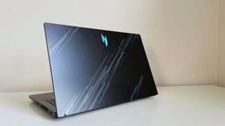 The Acer Nitro V 15 seen from behind on a white table