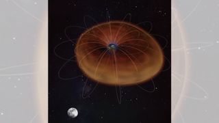 An image of the Earth and moon comparing ocean tides (shown as a small blue ring) to plasmasphere tides (shown as a large orange ring)