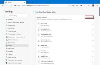 Microsoft Edge Kids Mode add websites