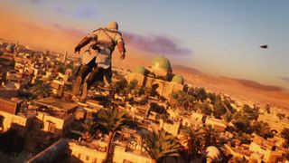 Screenshot of Assassin&#039;s Creed Mirage&#039;s city of Baghdad with Basim performing a leap of faith in the foreground